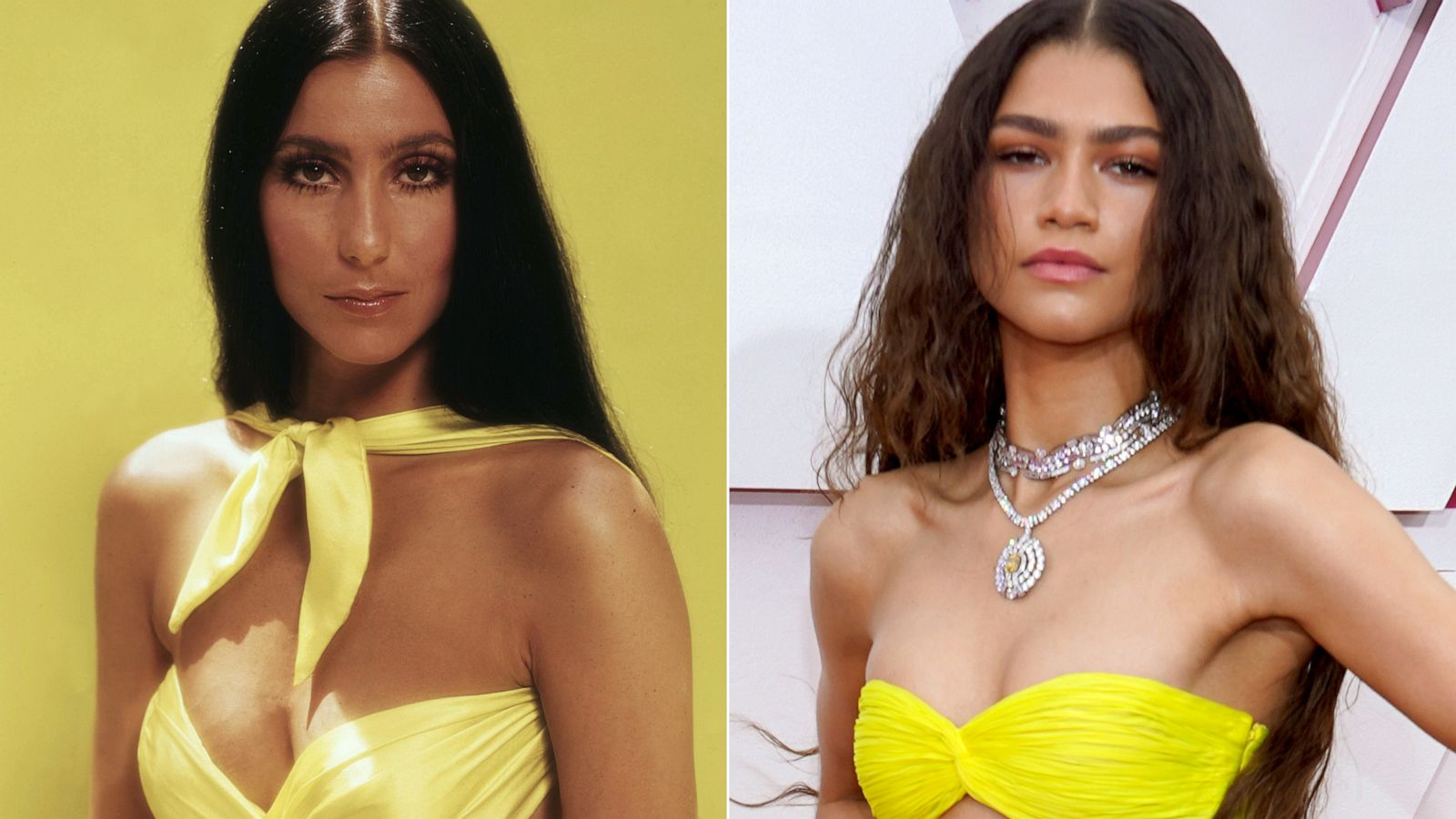 PHOTO: Cher, in the 1970s, left, and Zendaya, at the Oscars, 2021, right.