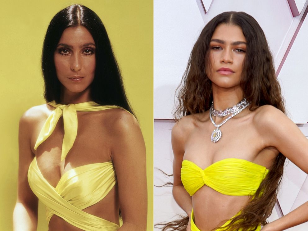 PHOTO: Cher, in the 1970s, left, and Zendaya, at the Oscars, 2021, right.