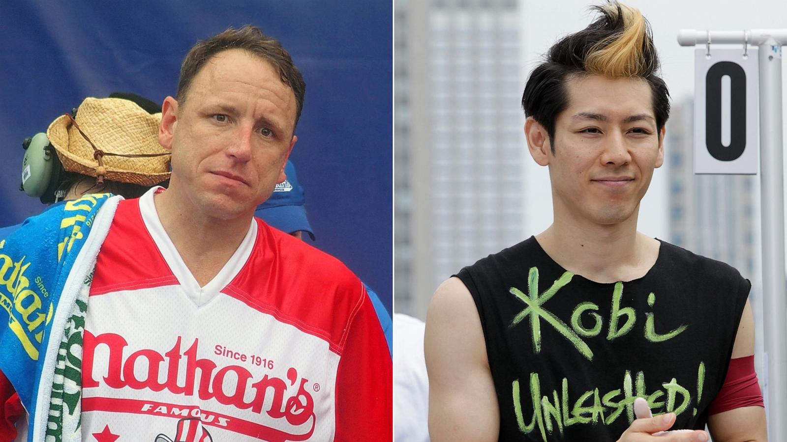 PHOTO: Joey Chestnut is shown during the 2023 Nathan's Famous International Hot Dog Eating Contest at Coney Island, on July 4, 2023, in New York. | Takeru Kobayashi challeges contestants via satellite at 230 Fifth Avenue, on July 4, 2011, in New York.