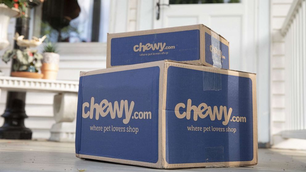 Chewy shipping boxes arranged in Tiskilwa, Ill., June 8, 2021.
