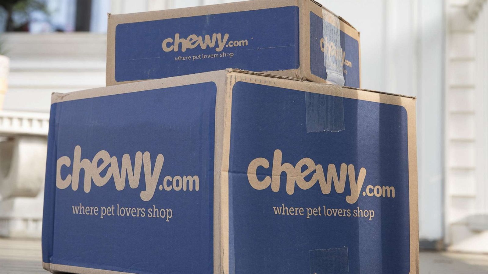 PHOTO: Chewy shipping boxes arranged in Tiskilwa, Ill., June 8, 2021.