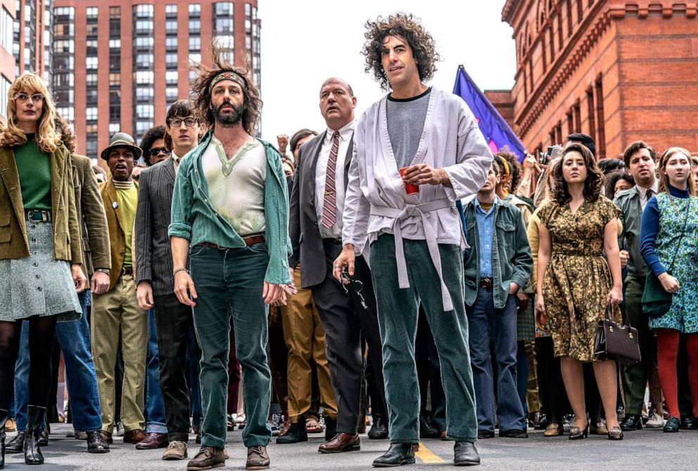 PHOTO: From left, Caitlin Fitzgerald, Jeremy Strong and Sasha Baron Cohen in a scene from "The Trial of the Chicago 7." 