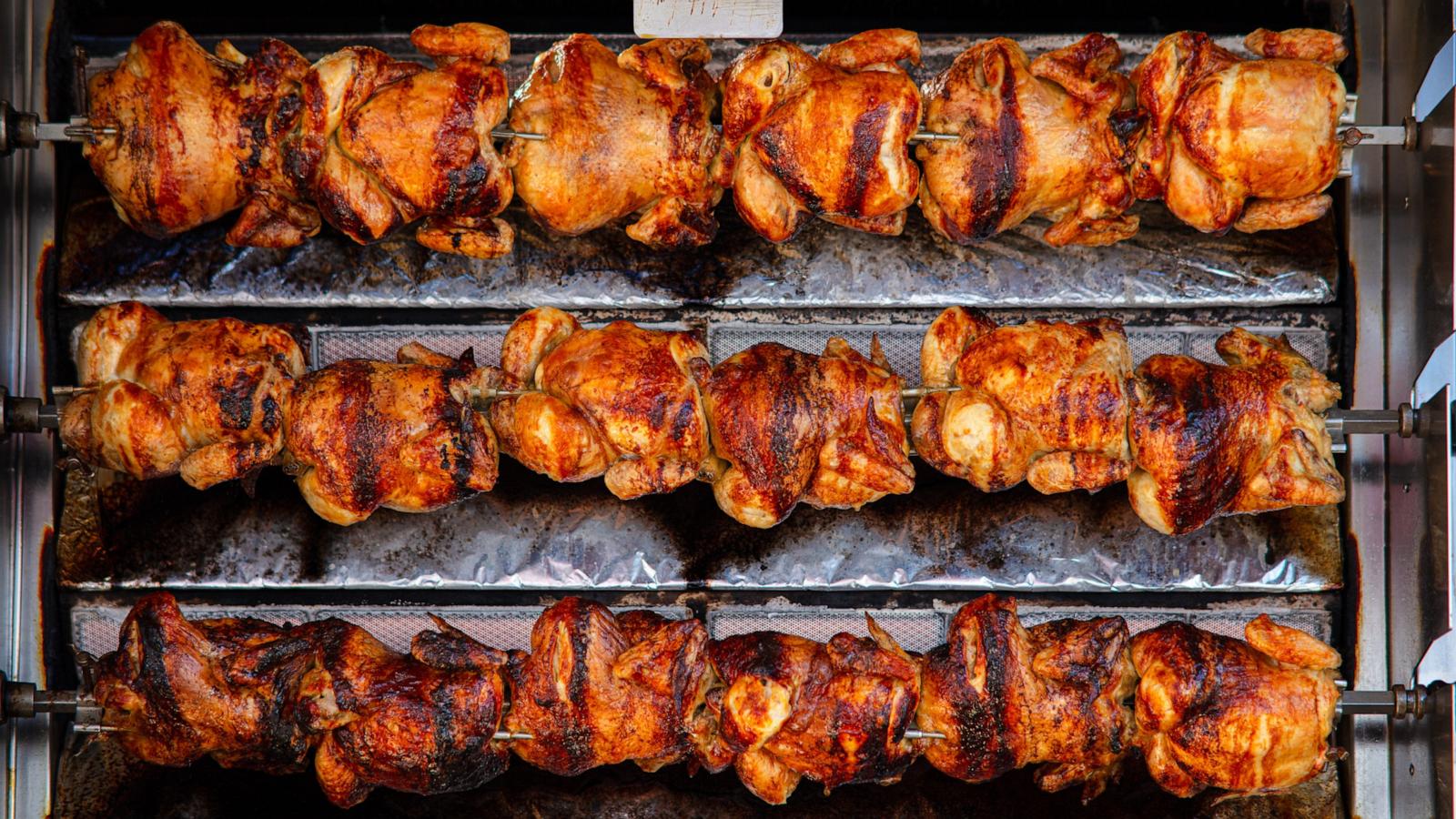 Chickens cooking in a rotisserie.