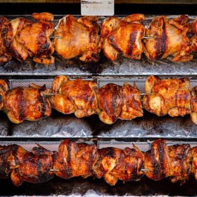 Chickens cooking in a rotisserie.