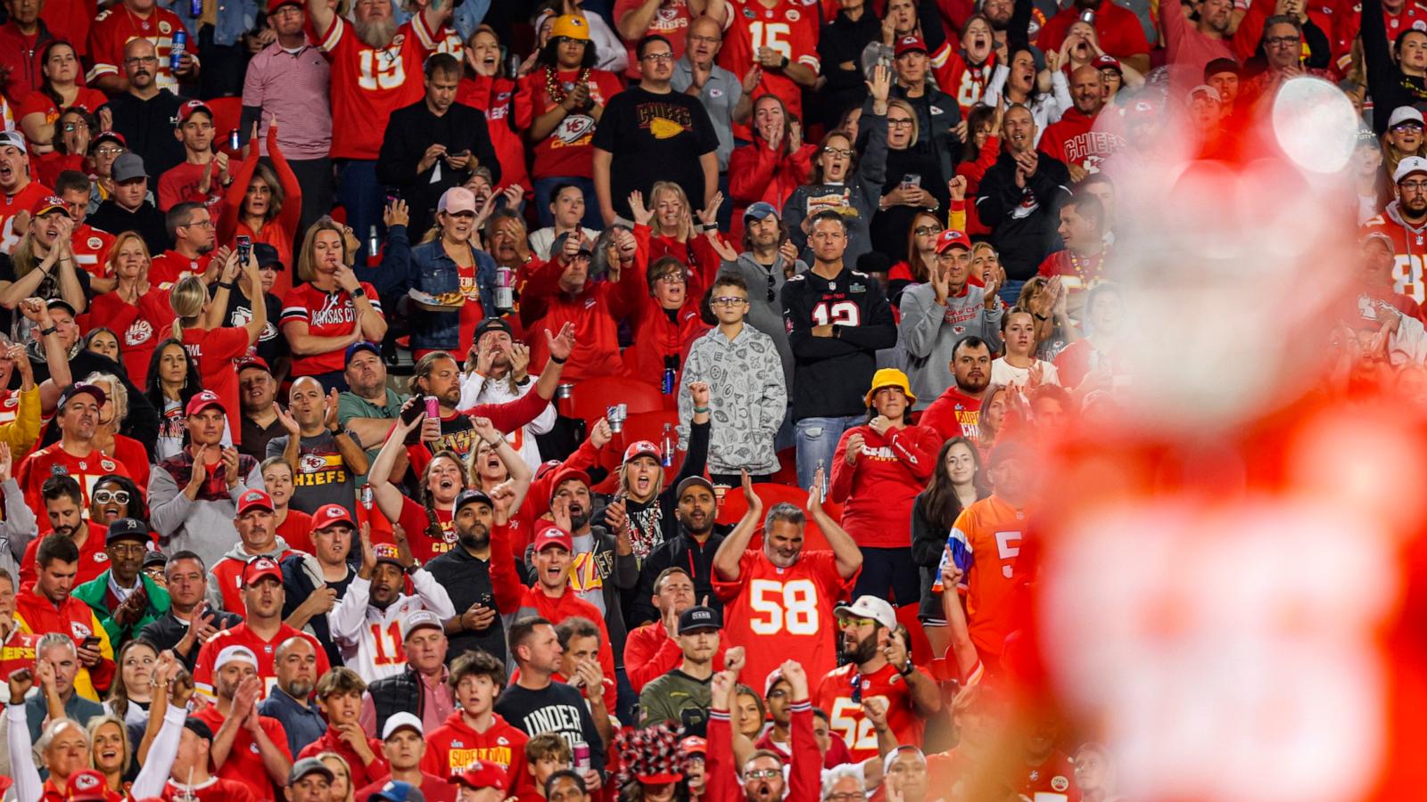 PHOTO: Kansas City Chiefs fans celebrate during an NFL football game against the Denver Broncos at GEHA Field at Arrowhead Stadium, Oct. 12, 2023, in Kansas City, Mo.