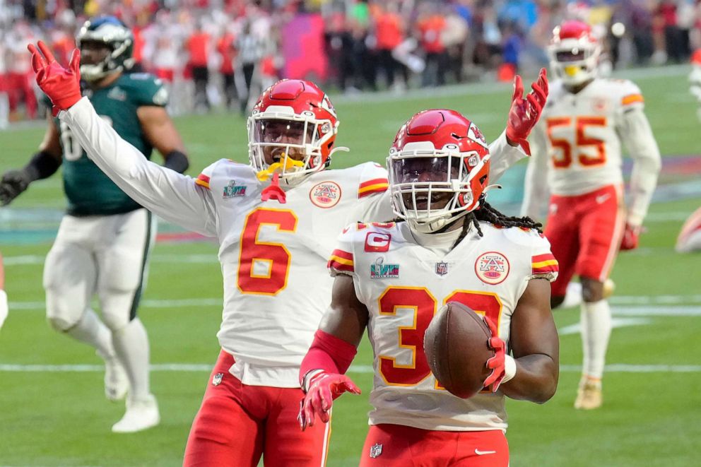 PHOTO: Kansas City Chiefs linebacker Nick Bolton (32) celebrates after scoring a touchdown during the first half of the NFL Super Bowl 57 football game between the Kansas City Chiefs and the Philadelphia Eagles, Feb. 12, 2023, in Glendale, Ariz.