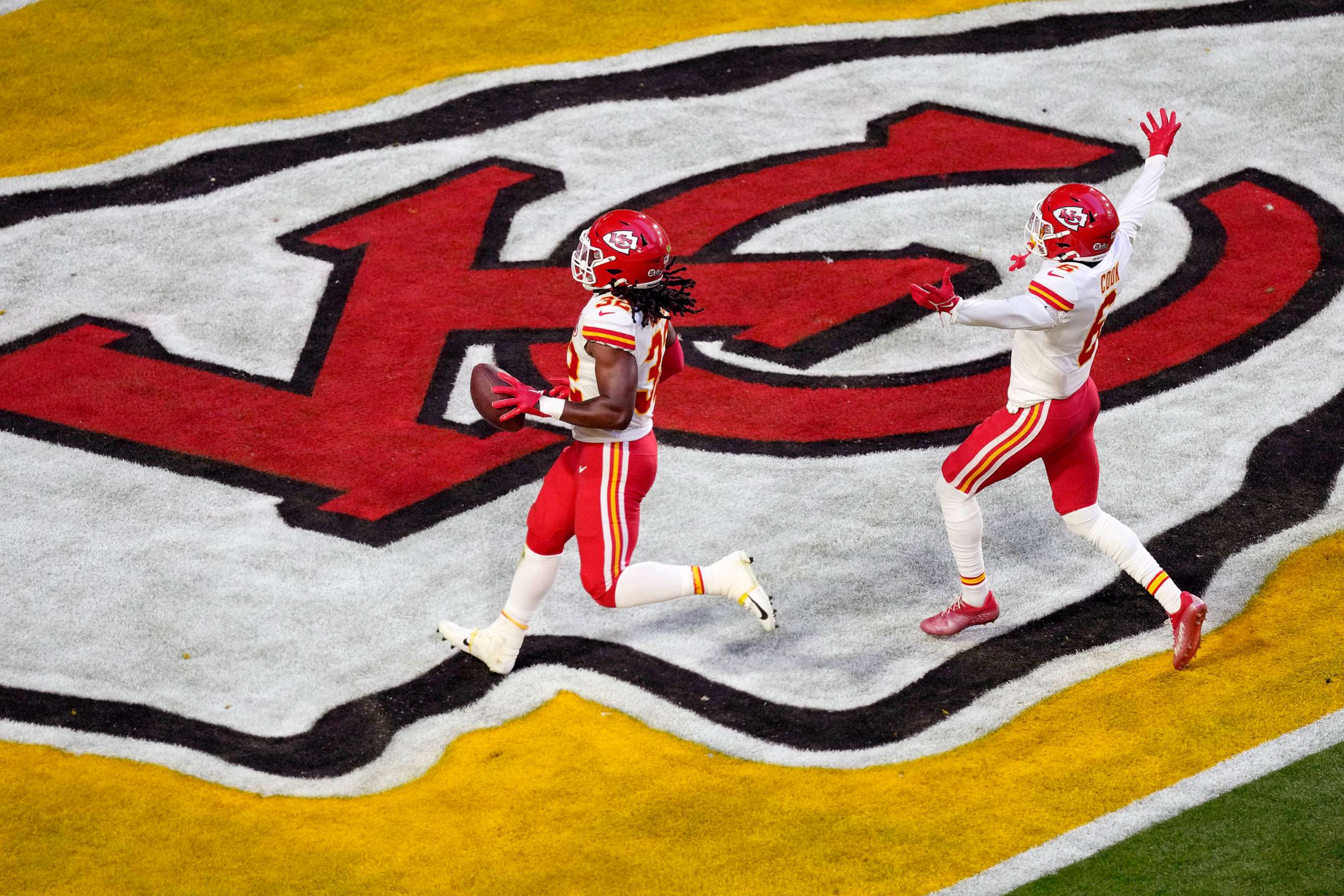 PHOTO: Kansas City Chiefs linebacker Nick Bolton (32) scores a touchdown as teammate safety Bryan Cook (6) celebrates during the first half of the NFL Super Bowl 57 football game, Feb. 12, 2023, in Glendale, Ariz.