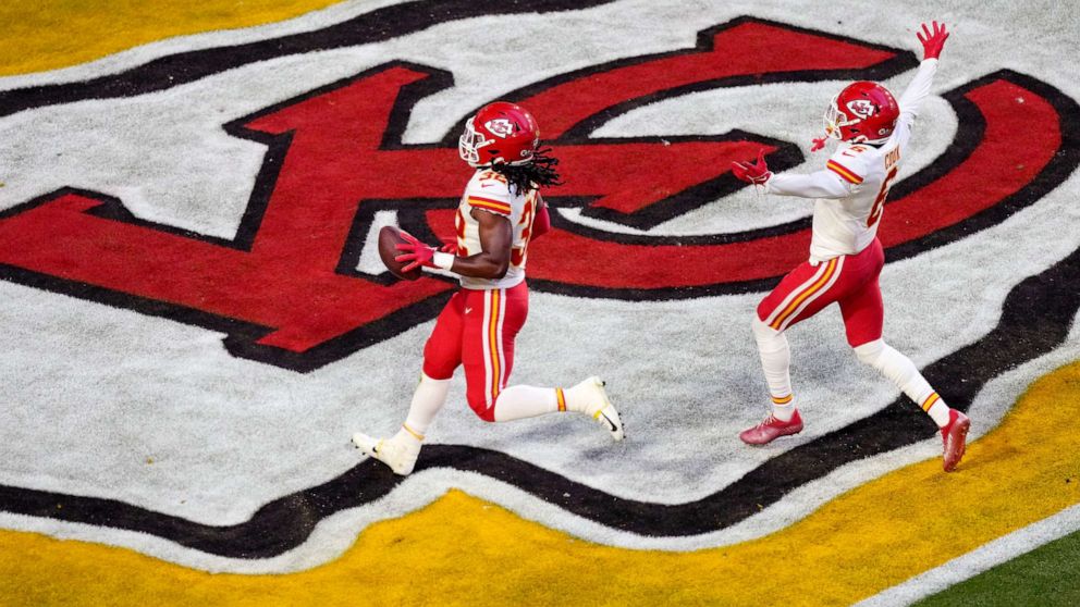 PHOTO: Kansas City Chiefs linebacker Nick Bolton (32) scores a touchdown as teammate safety Bryan Cook (6) celebrates during the first half of the NFL Super Bowl 57 football game, Feb. 12, 2023, in Glendale, Ariz.