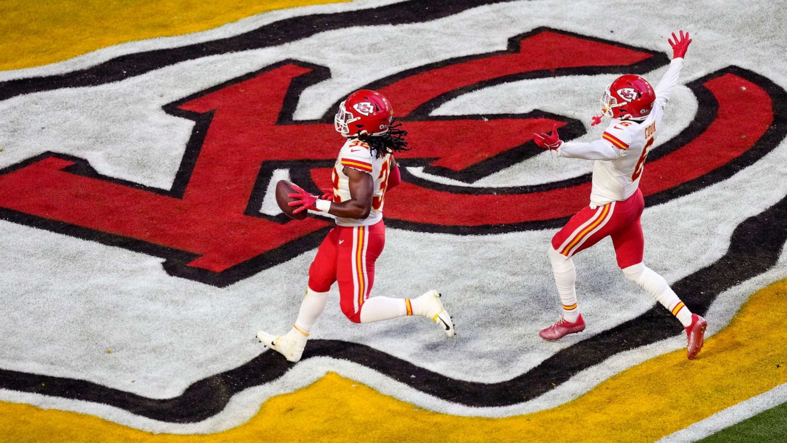 PHOTO: Kansas City Chiefs linebacker Nick Bolton (32) scores a touchdown as teammate safety Bryan Cook (6) celebrates during the first half of the NFL Super Bowl 57 football game, Feb. 12, 2023, in Glendale, Ariz.