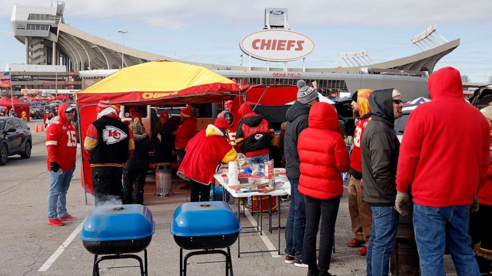 PHOTO: A general view as fans tailgate prior to the AFC Championship Game between the Cincinnati Bengals and Kansas City Chiefs at GEHA Field at Arrowhead Stadium on January 29, 2023 in Kansas City, Mo.