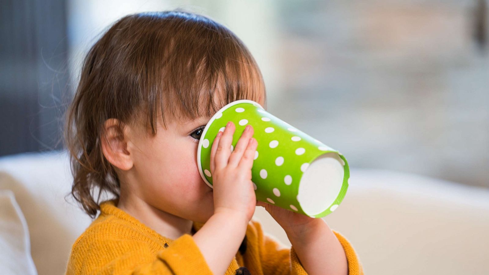 PHOTO: Young toddler drinking from a disposable cup.