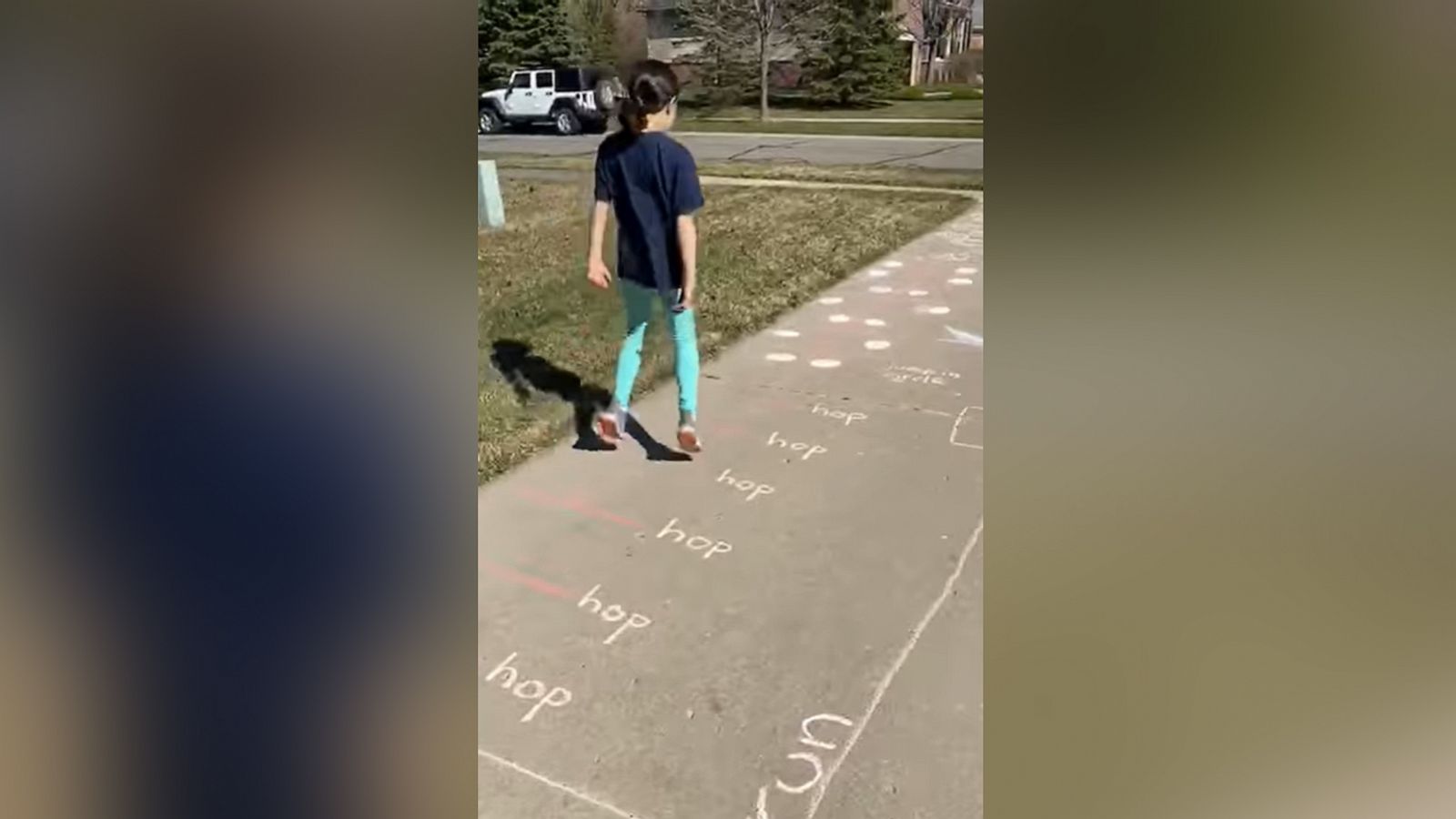 PHOTO: Maricela Montemayor created a hopscotch obstacle course for her daughter to exercise outdoors during the coronavirus pandemic.