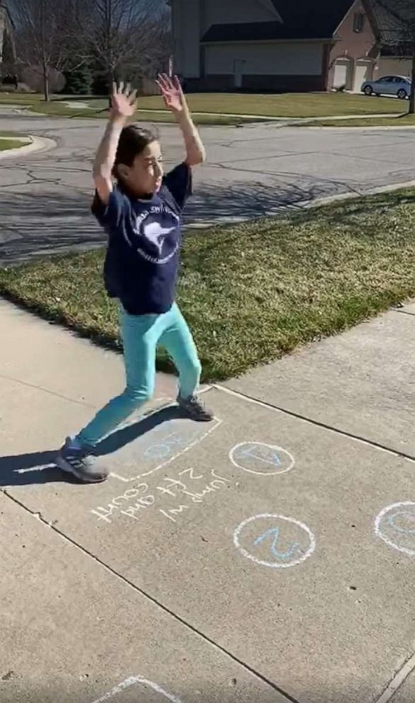 PHOTO: Maricela Montemayor created a hopscotch obstacle course for her daughter to exercise outdoors during the coronavirus pandemic.