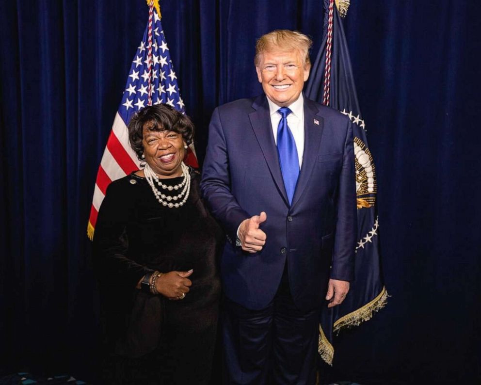 PHOTO: Vivian Childs, who ran for a House seat in Georgia's 2nd district, poses with President Donald Trump at a White House event.