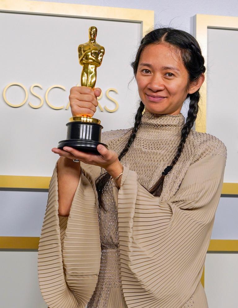 PHOTO: Chloe Zhao, winner of Best Picture for "Nomadland," poses in the press room at the Oscars, April 25, 2021, at Union Station in Los Angeles. 