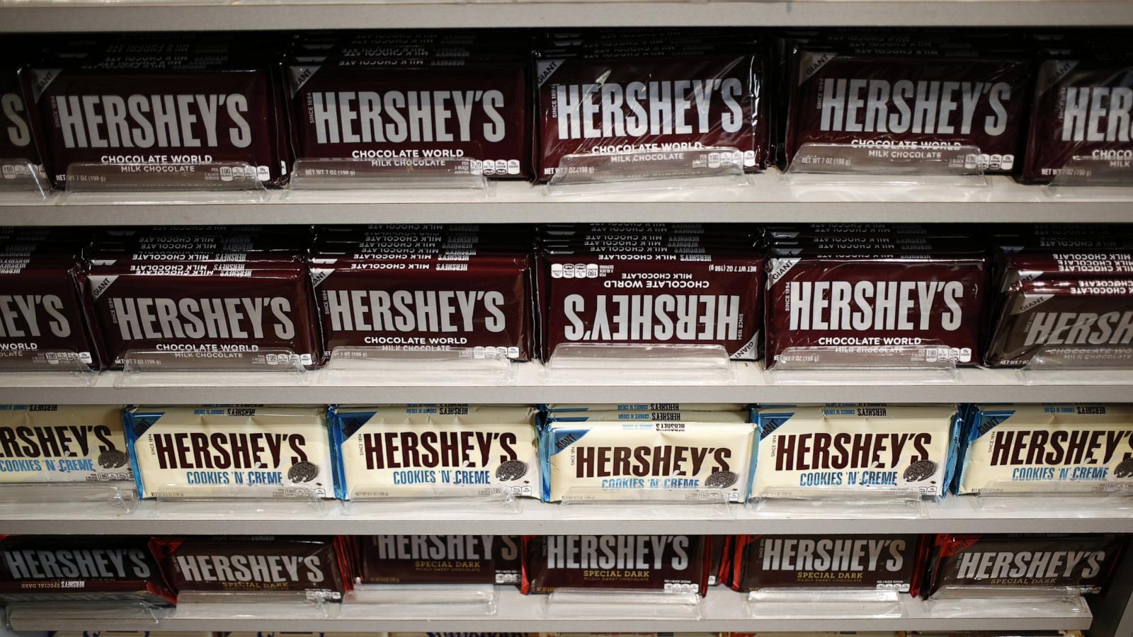 PHOTO: Hershey Co. candy bars are displayed for sale inside of the company's Chocolate World visitor center in Hershey, Pa., Nov. 28, 2017.