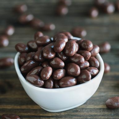 PHOTO: Bowl of chocolate covered raisins.