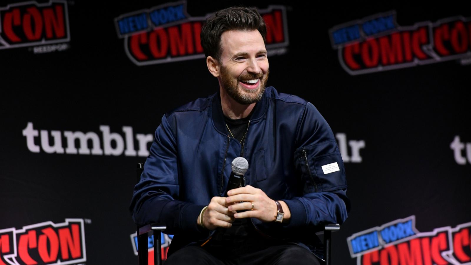 PHOTO: Chris Evans speaks at a panel during New York Comic Con 2023 - Day 3 at Javits Center on Oct. 14, 2023 in New York City.