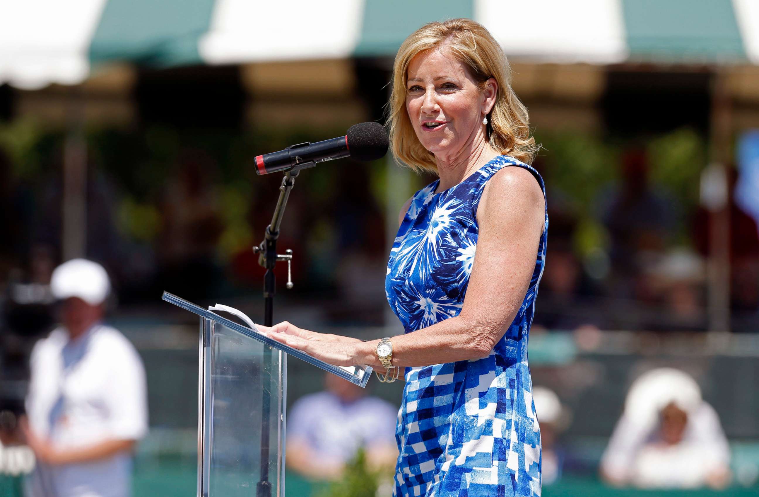 PHOTO: Chris Evert speaks during the induction ceremony at the International Tennis Hall of Fame in Newport, R.I., July 12, 2014.