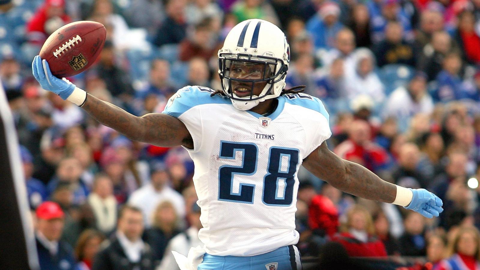 PHOTO: In this Dec. 4, 2011, file photo, Chris Johnson of the Tennessee Titans scores his second touchdown of the game in the first half against the Buffalo Bills at Ralph Wilson Stadium in Orchard Park, New York.