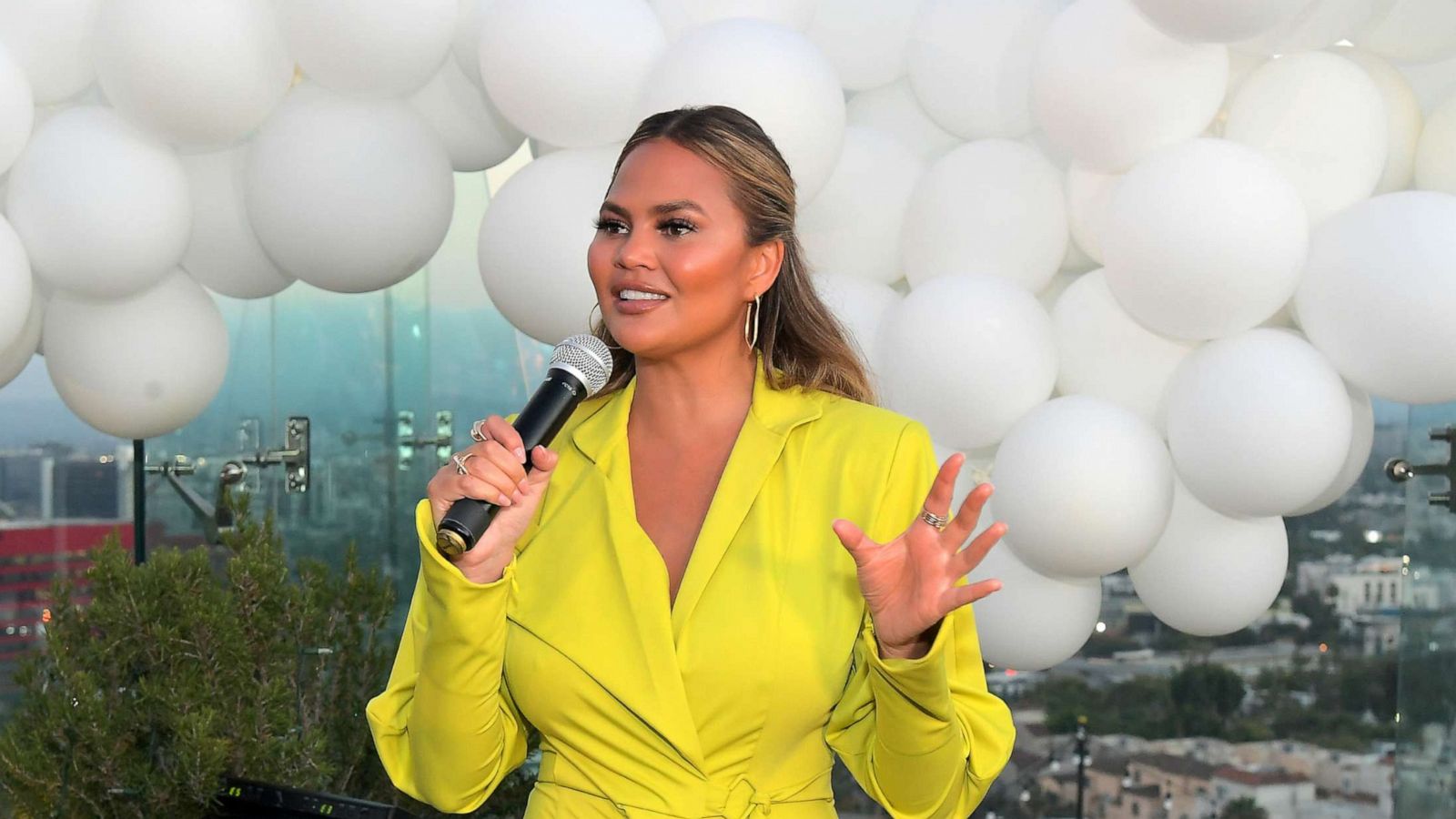 PHOTO: Chrissy Teigen speaks during the Quay x Chrissy Teigen launch event at The London West Hollywood, Aug. 15, 2019 in West Hollywood, Calif.