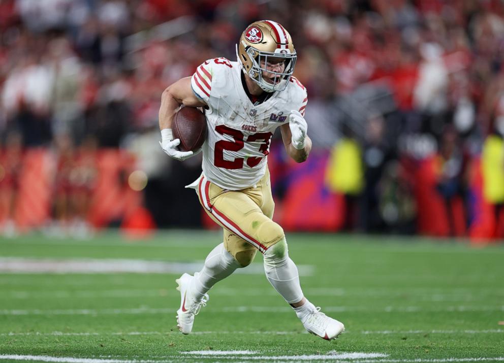 PHOTO: Christian McCaffrey #23 of the San Francisco 49ers runs the ball in the second quarter against the Kansas City Chiefs during Super Bowl LVIII at Allegiant Stadium on February 11, 2024 in Las Vegas, Nevada.