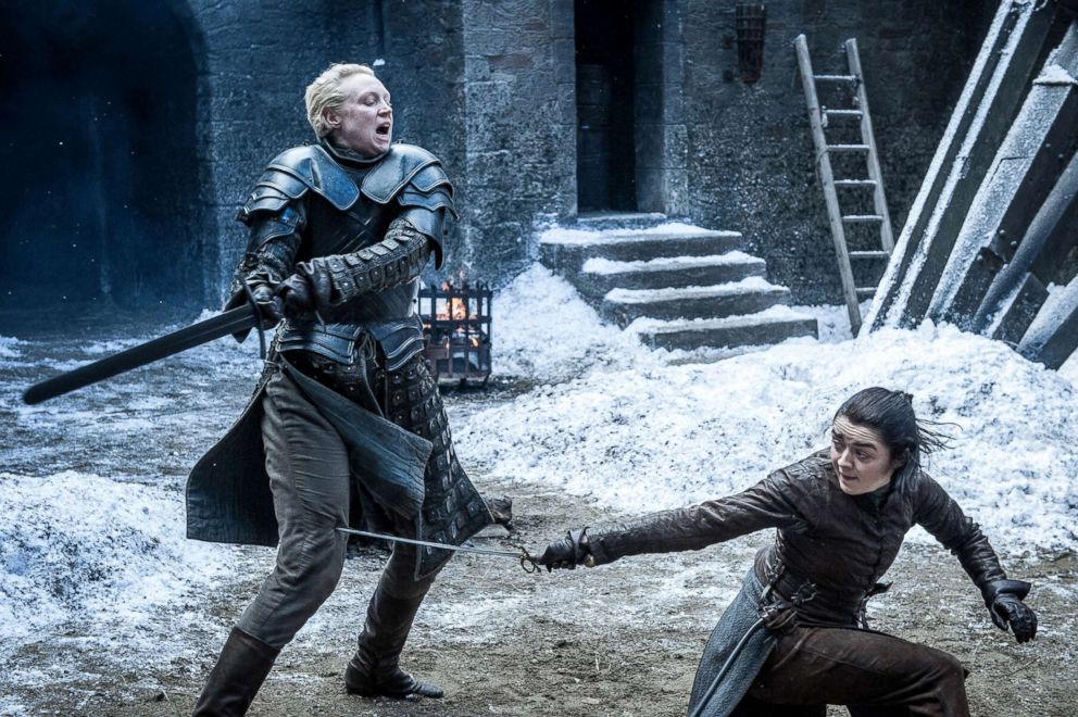 PHOTO: Gwendoline Christie, left, as Brienne of Tarth, spars against Maisie Williams, as Arya Stark, in a scene from "Game of Thrones."