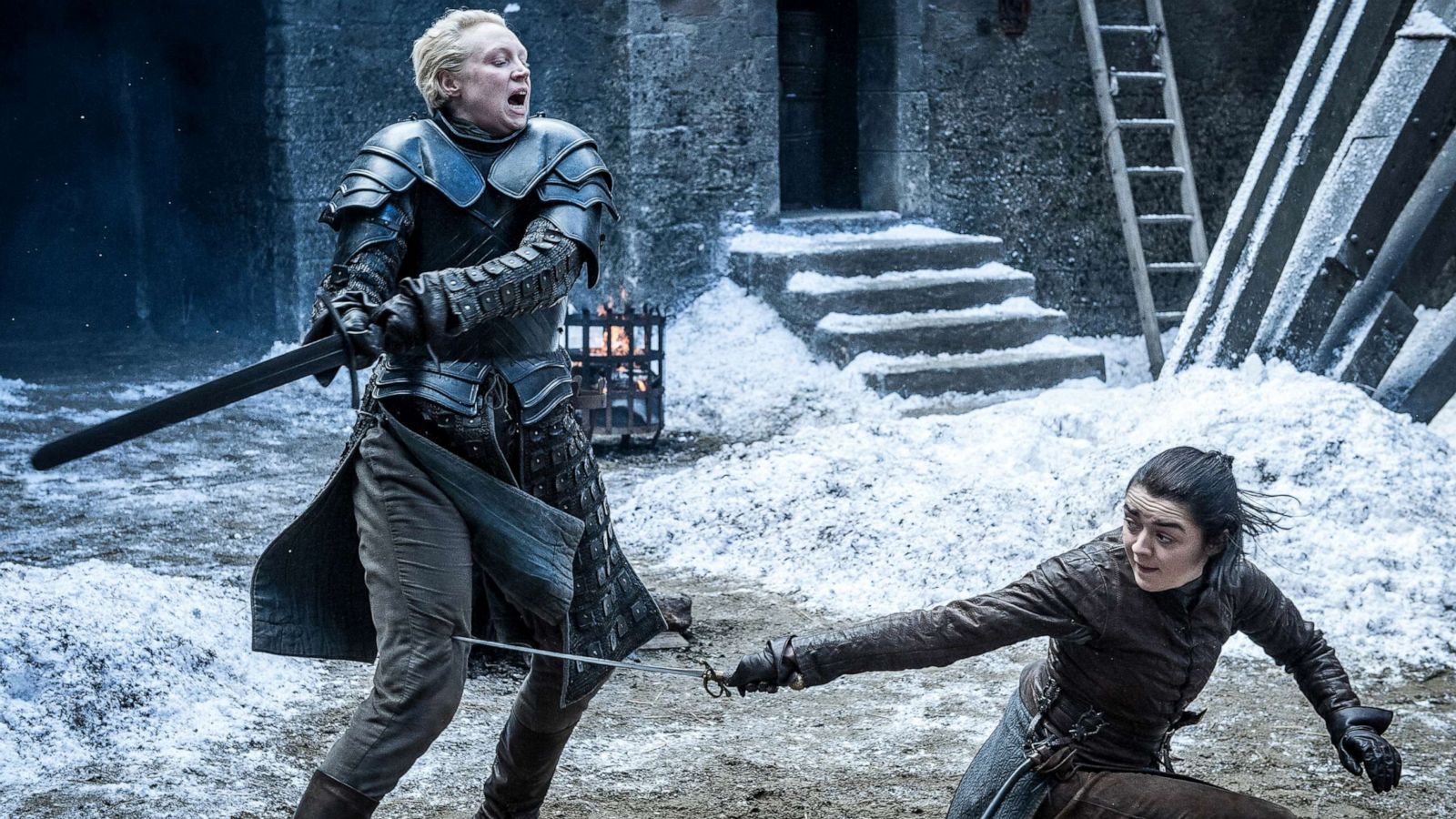 PHOTO: Gwendoline Christie, left, as Brienne of Tarth, spars against Maisie Williams, as Arya Stark, in a scene from "Game of Thrones."