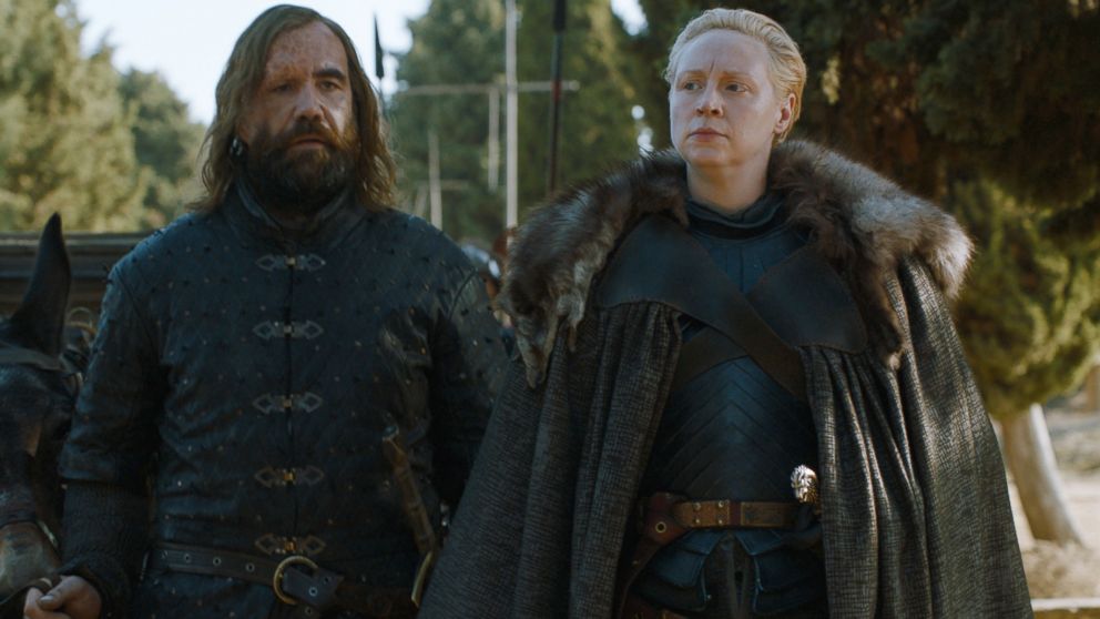 PHOTO: Rory McCann, left, as Sandor 'The Hound' Clegane, and Gwendoline Christie, as Brienne of Tarth, in a scene from "Game of Thrones."