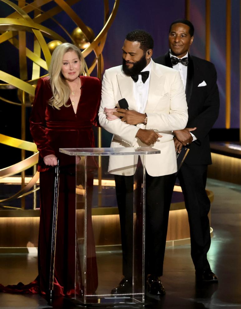 PHOTO: Christina Applegate, left, and host Anthony Anderson speak onstage during the 75th Primetime Emmy Awards at Peacock Theater, Jan. 15, 2024, in Los Angeles.