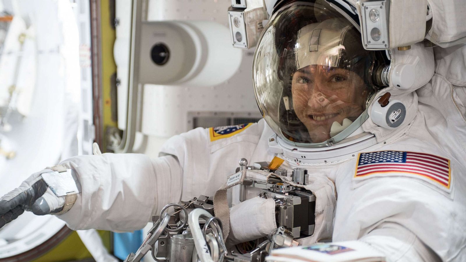 PHOTO: NASA astronaut Christina Koch is suited up in a U.S. spacesuit before beginning a seven hour and one minute spacewalk to upgrade the station's large nickel-hydrogen batteries with newer, more powerful lithium-ion batteries, Oct. 6, 2019.