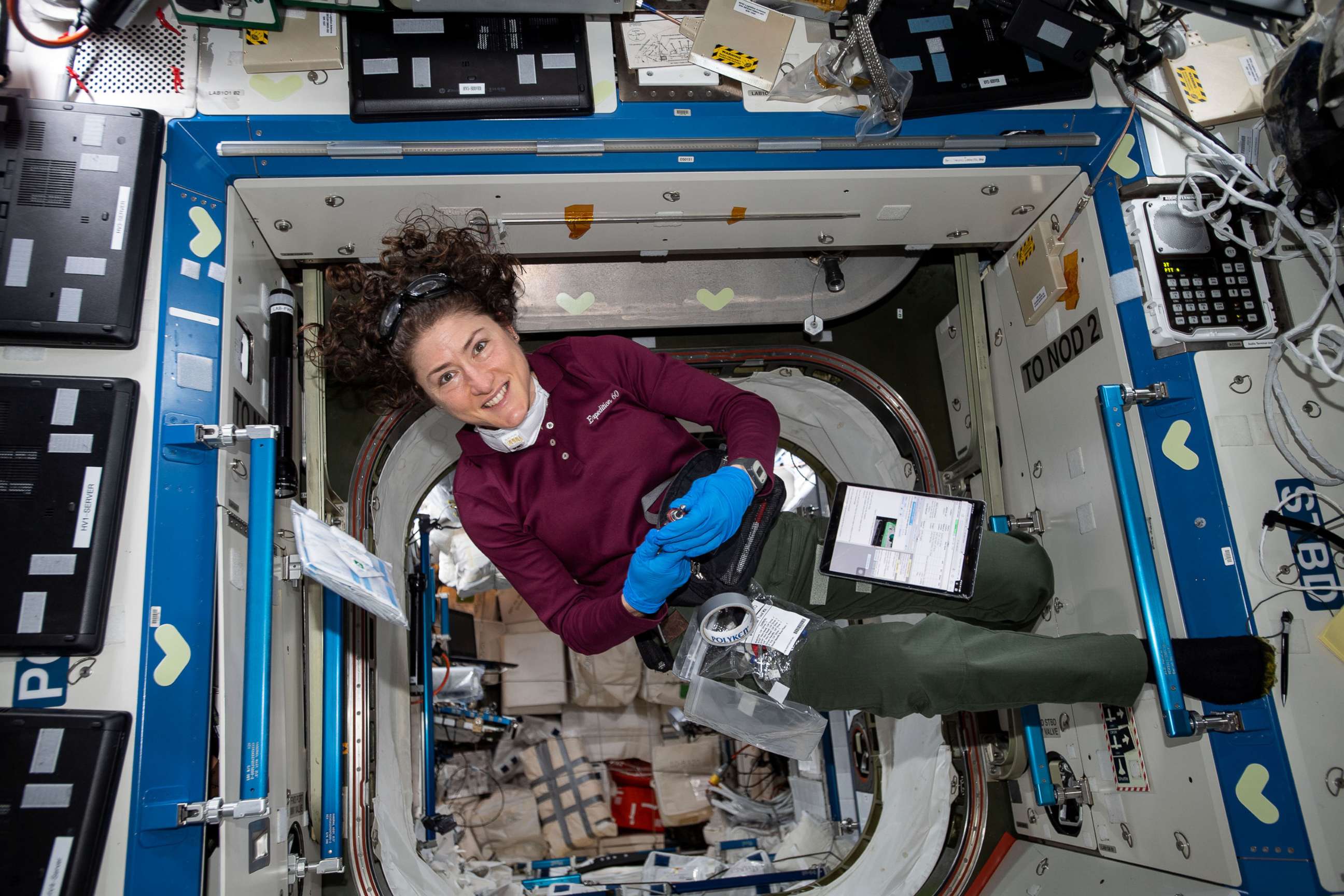 PHOTO: Expedition 60 Flight Engineer Christina Koch of NASA conducts maintenance activities aboard the International Space Station, Aug. 23, 2019.