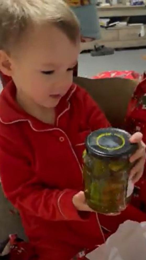 VIDEO: No one was more excited than this toddler to receive a jar of pickles for Christmas 