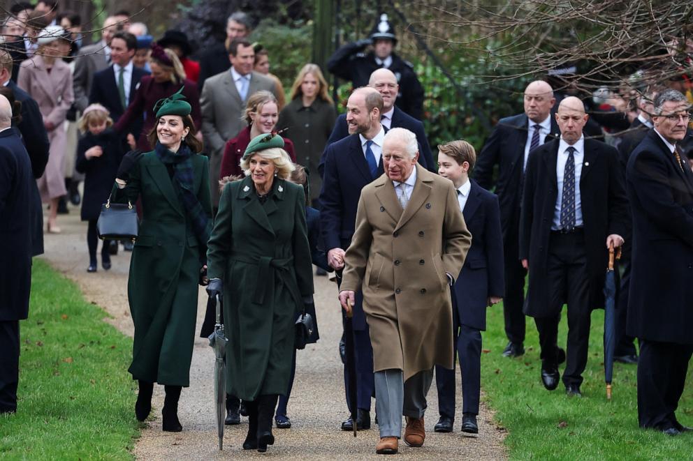 PHOTO: Britain's King Charles, Queen Camilla, Britain's William, Prince of Wales, Catherine, Princess of Wales, Prince George, Prince Louis and Princess Charlotte walk to attend the Royal Family's Christmas Day service in eastern England, Dec. 25, 2024.