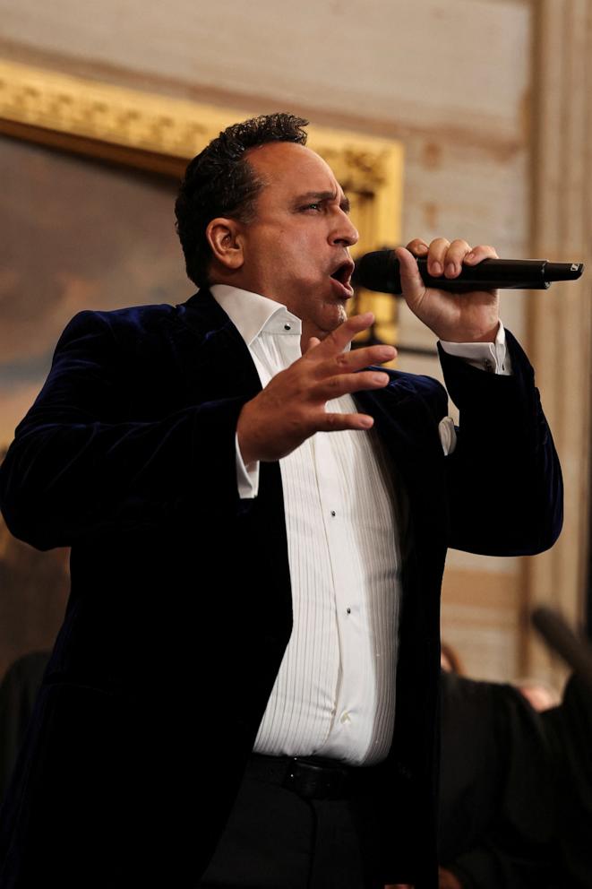 PHOTO: Opera singer Christopher Macchio performers during the inauguration of U.S. President-elect Donald Trump in the Rotunda of the U.S. Capitol Jan. 20, 2025 in Washington, DC.