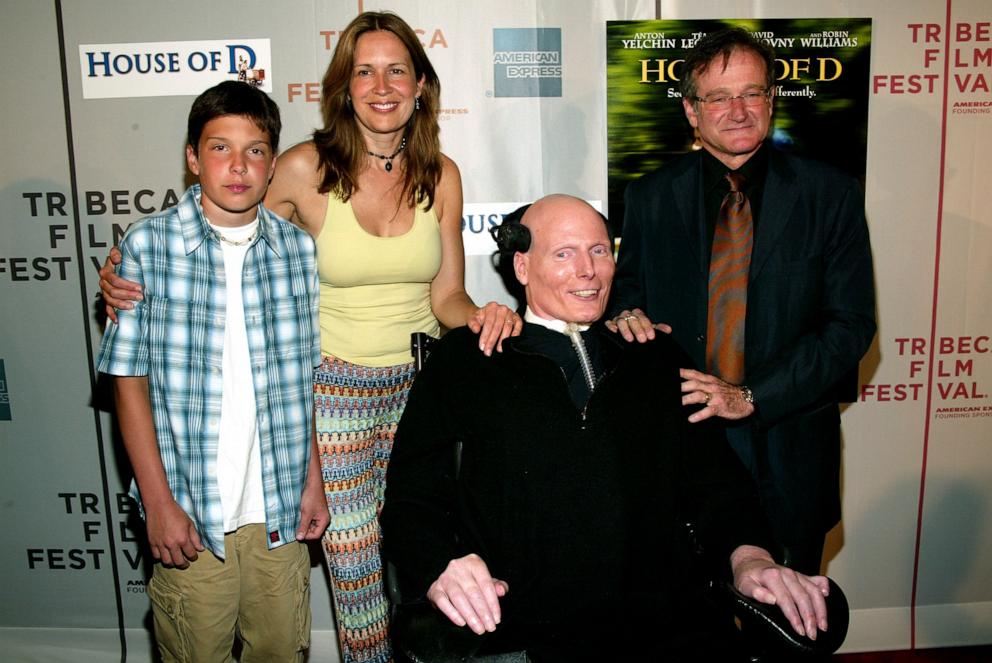 PHOTO: In this May 7, 2004, file photo, actor Robin Williams poses with actor Christopher Reeve, wife Dana Reeve and son Will at the screening of "House Of D" during the 2004 Tribeca Film Festival in New York.