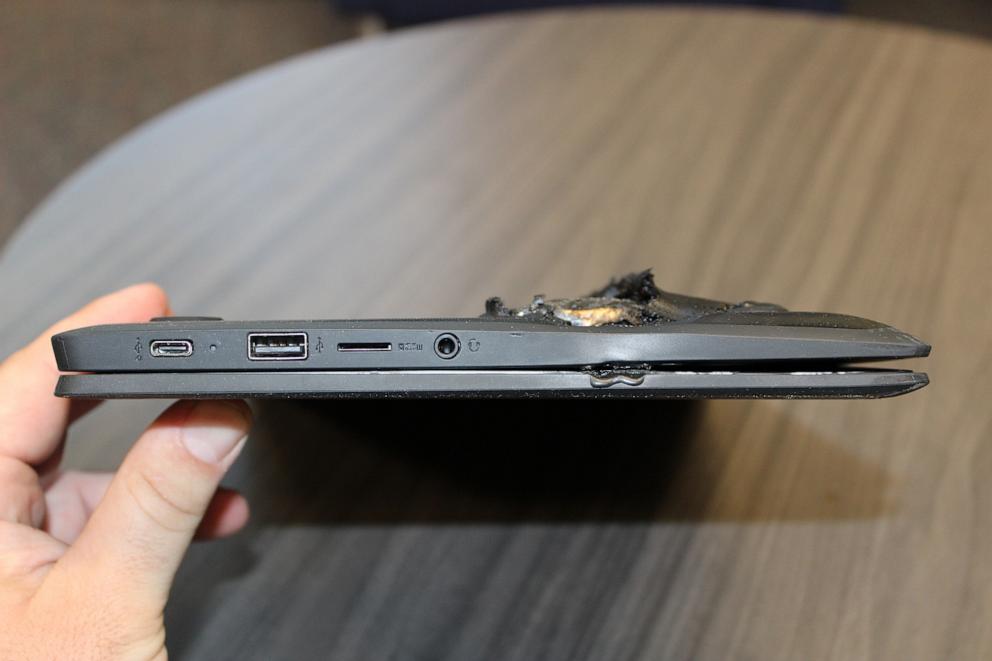 PHOTO: At Belleville High School in New Jersey, a student tried the "Chromebook Challenge,” leading to a Chromebook lithium-ion battery to swell up and start smoking in a classroom.