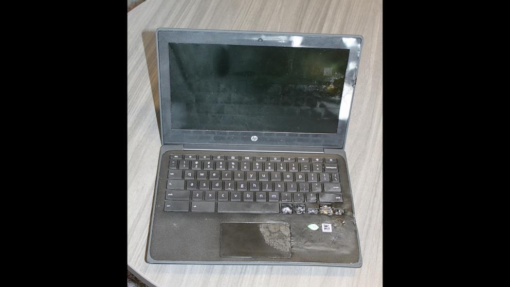 PHOTO: At Belleville High School in New Jersey, a student tried the "Chromebook Challenge,” leading to a Chromebook lithium-ion battery to swell up and start smoking in a classroom.