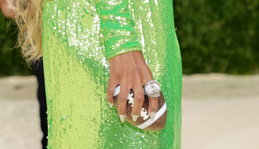 PHOTO: Ciara wears husband Russell Wilson's Super Bowl ring and carries a football-shaped clutch at The 2021 Met Gala Celebrating In America: A Lexicon Of Fashion at Metropolitan Museum of Art on Sept. 13, 2021, in New York City.
