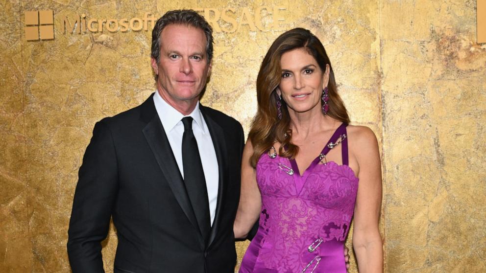 PHOTO: Cindy Crawford and husband Rande Gerber arrive for The Albies hosted by the Clooney Foundation at the New York Public Library, Sept. 28, 2023, in New York. 