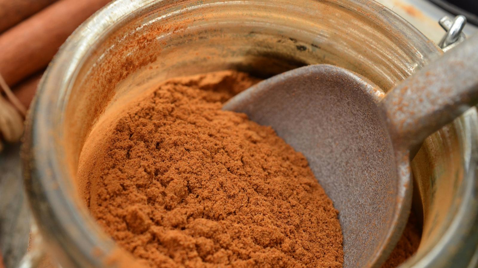 PHOTO: close up spoon in cinnamon spice jar