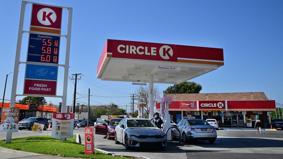 PHOTO: Gas prices are listed on a board at a Circle K gas station in Rosemead, Calif., April 28, 2026. 