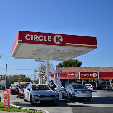 PHOTO: Gas prices are listed on a board at a Circle K gas station in Rosemead, Calif., April 28, 2026. 