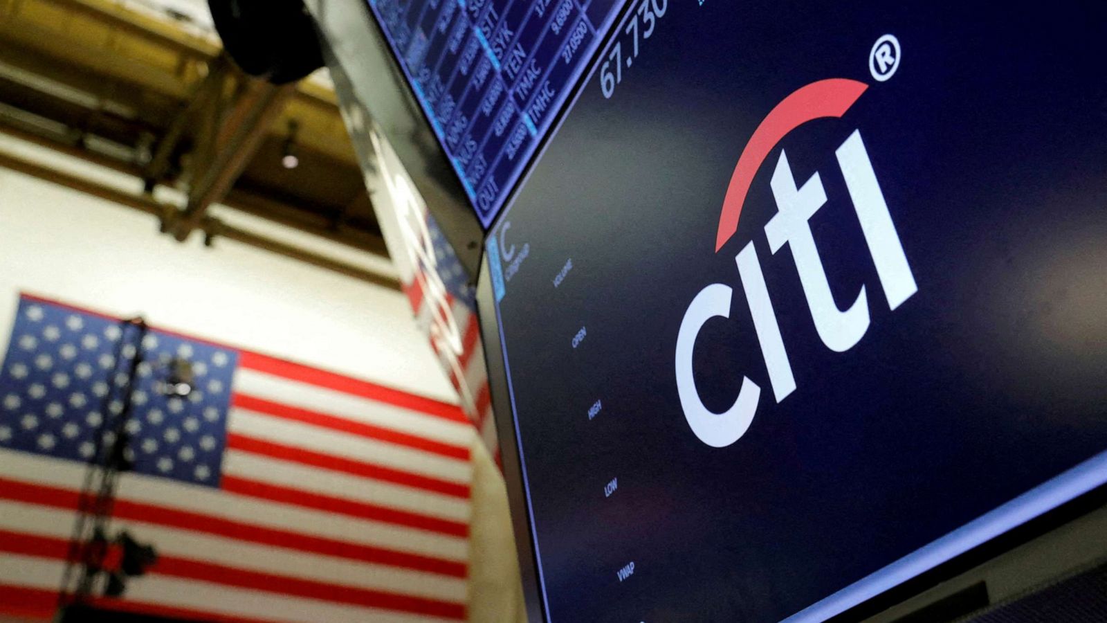 PHOTO: The logo for Citibank is seen on the trading floor at the New York Stock Exchange in New York, Aug. 3, 2021.