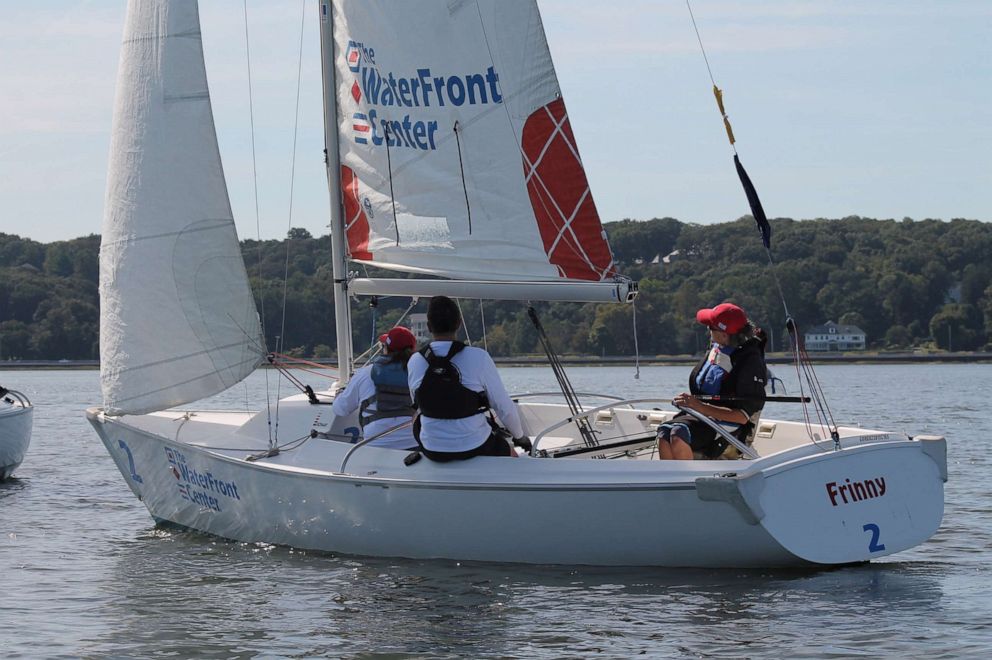 PHOTO: Sailors Sarah Everhart Skeels and Cindy Walker compete in the Clagett Regatta in Oyster Bay, New York.