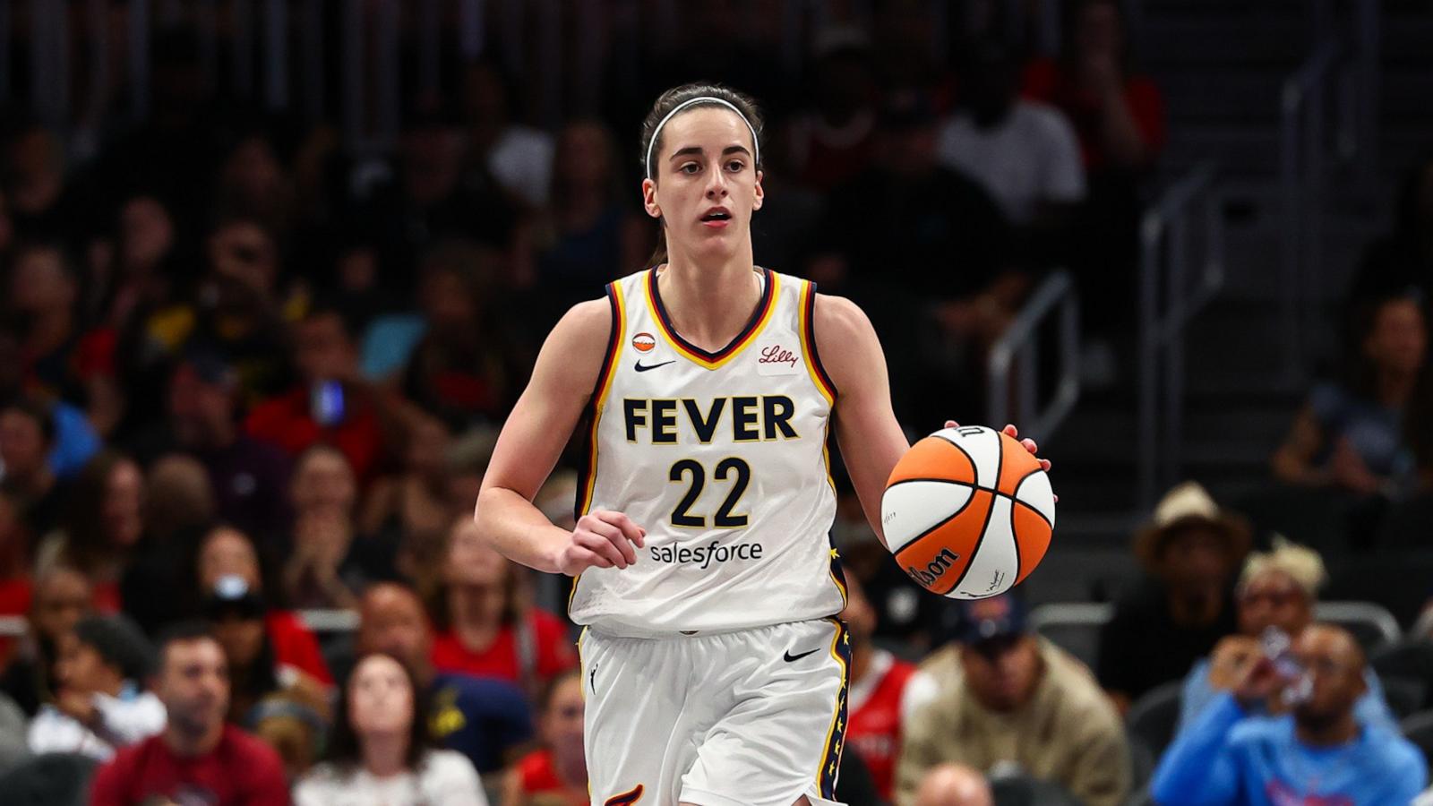 PHOTO: Caitlin Clark #22 of the Indiana Fever dribbles during the first quarter against the Atlanta Dream at State Farm Arena, June 20, 2026, in Atlanta.