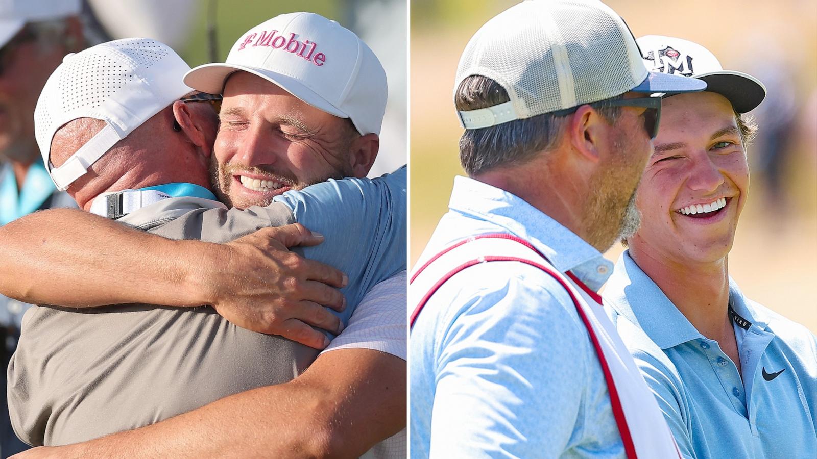 PHOTO: Wyndham Clark celebrates with father Randall after winning the 126th U.S. Open and Joe Russell talks to son Miles Russell on the 18th hole during the final round of the U.S. Open at Shinnecock Hills Golf Club in Southampton, N.Y., June 21, 2026.