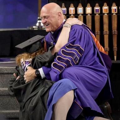 PHOTO: Grace Clements tackled her dad, Clemson University President Jim Clements, with a bear hug at her graduation from the ClemsonLIFE Program.
