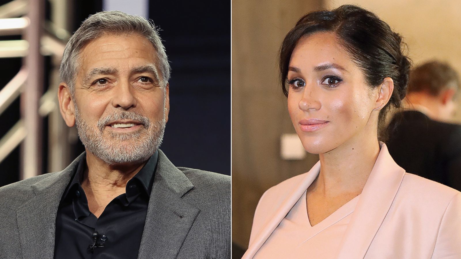 PHOTO: George Clooney speaks onstage during the Hulu Panel during the Winter TCA 2019, Feb. 11, 2019 in Pasadena, Calif. Meghan, Duchess of Sussex during a visit to The National Theatre, Jan. 30, 2019, in London.