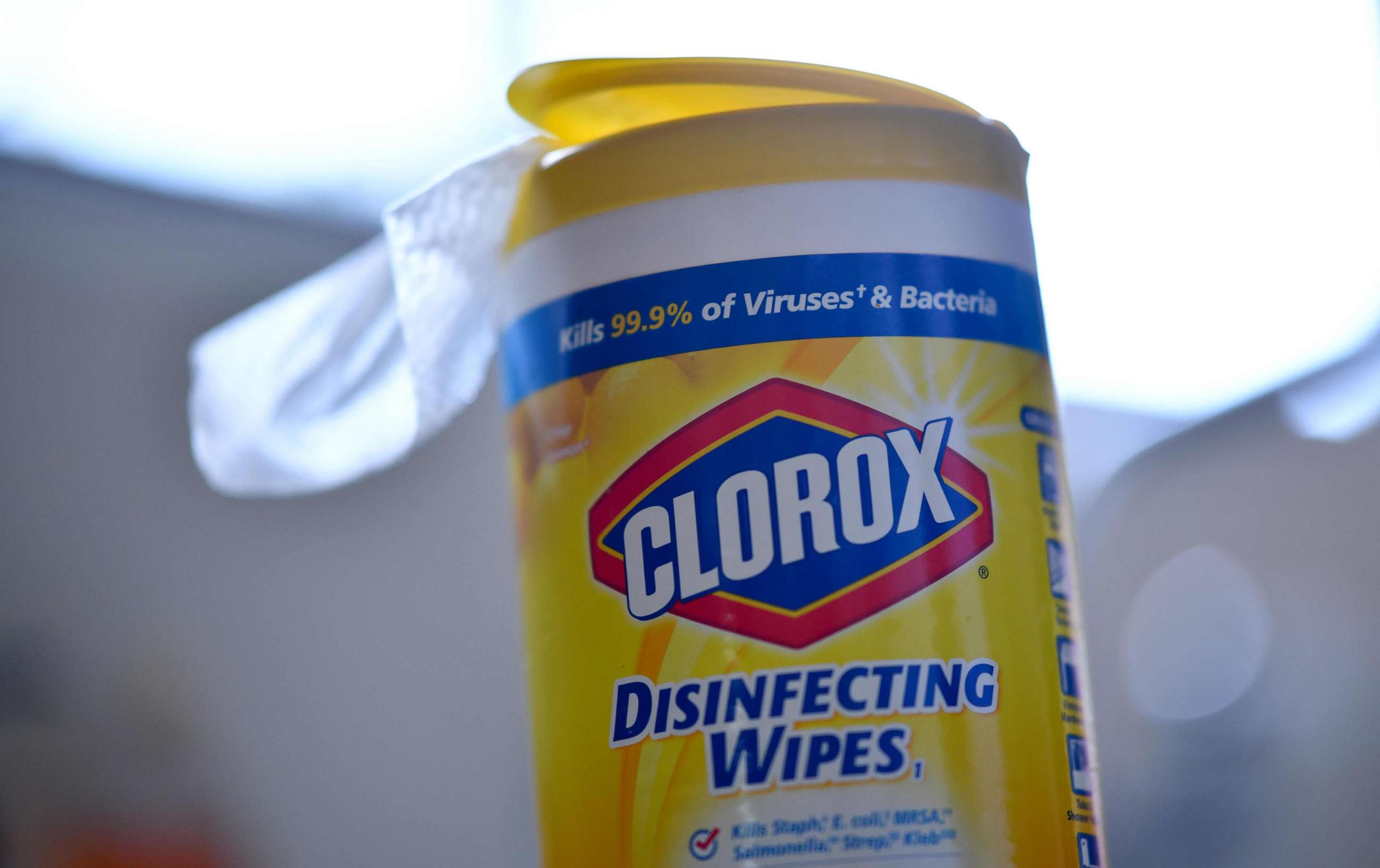 PHOTO: This April 24, 2020, file photo shows a container of Clorox disinfecting wipes in a kitchen in Culver City, Calif., amid the COVID-19 pandemic.